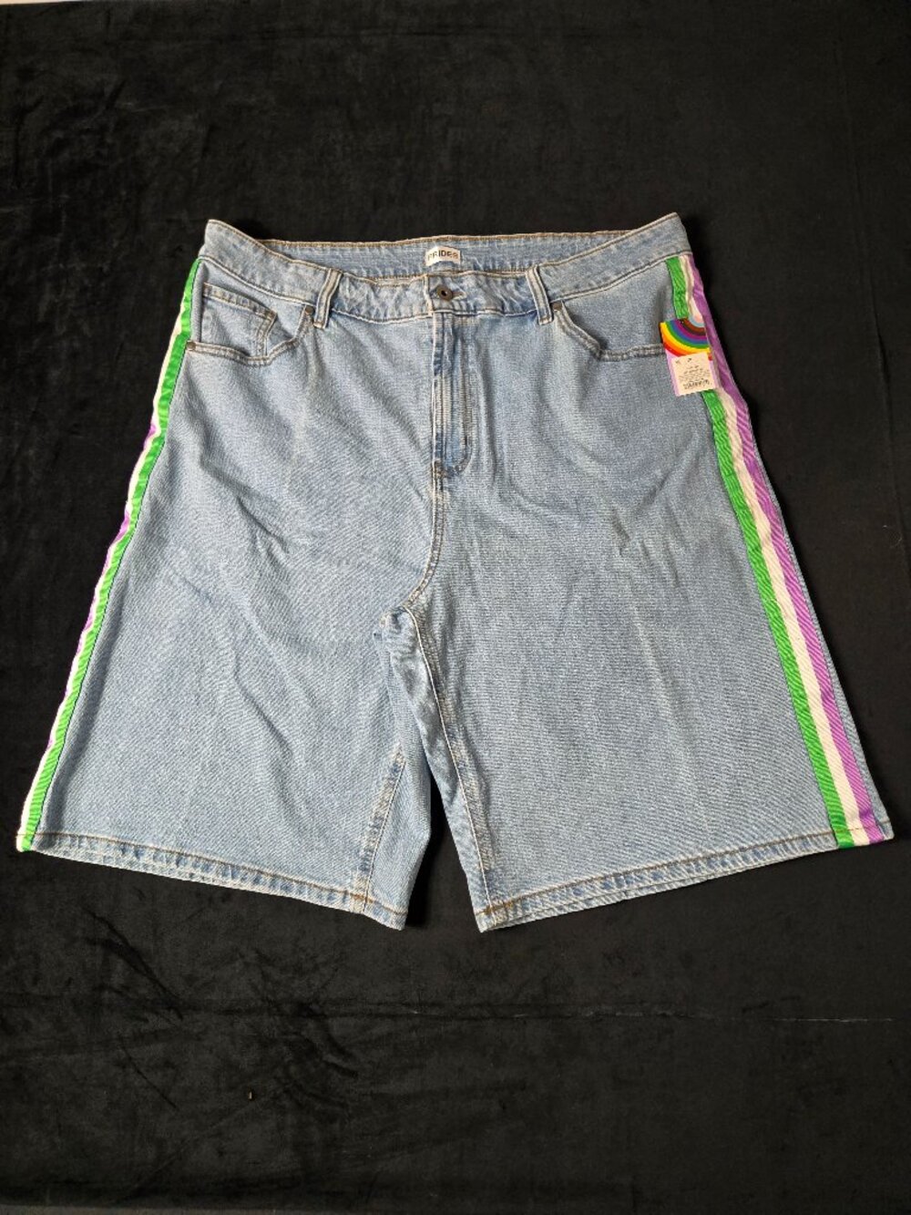 PRIDE Rainbow Stripe Denim Bermuda Shorts Light Wash XL NWT